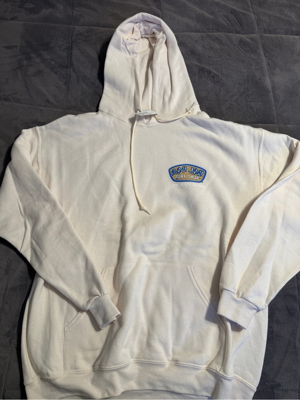 Ron Jon Cream Pullover Hoodie with Blue Surf Patch